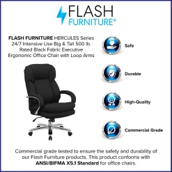 Flash Furniture Hercules 24-7 Intensive Use Big And Tall Office Chair With Loop Arms, Black Ergonomic Fabric/Gray