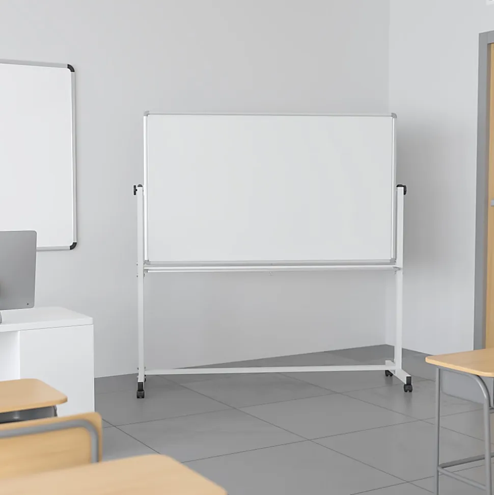 Flash Furniture HERCULES Series Double-Sided Mobile White Board With Pen Tray, 54-3/4"H x 45-1/4"W x 20"D, White, Gray Frame