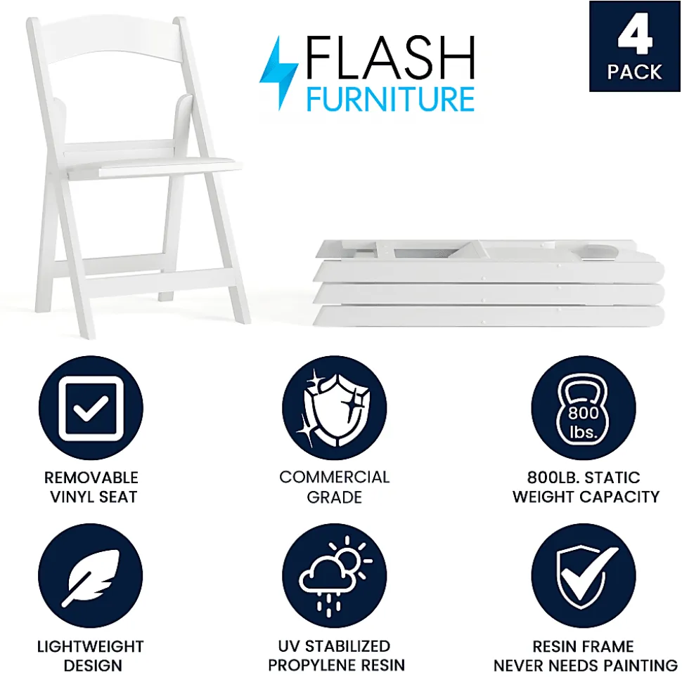 Flash Furniture HERCULES Series Resin Folding Chairs, White, Set Of 4 Chairs