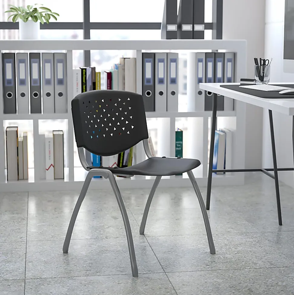Flash Furniture HERCULES Series Plastic Stack Chair With Titanium Frame, Black/Gray