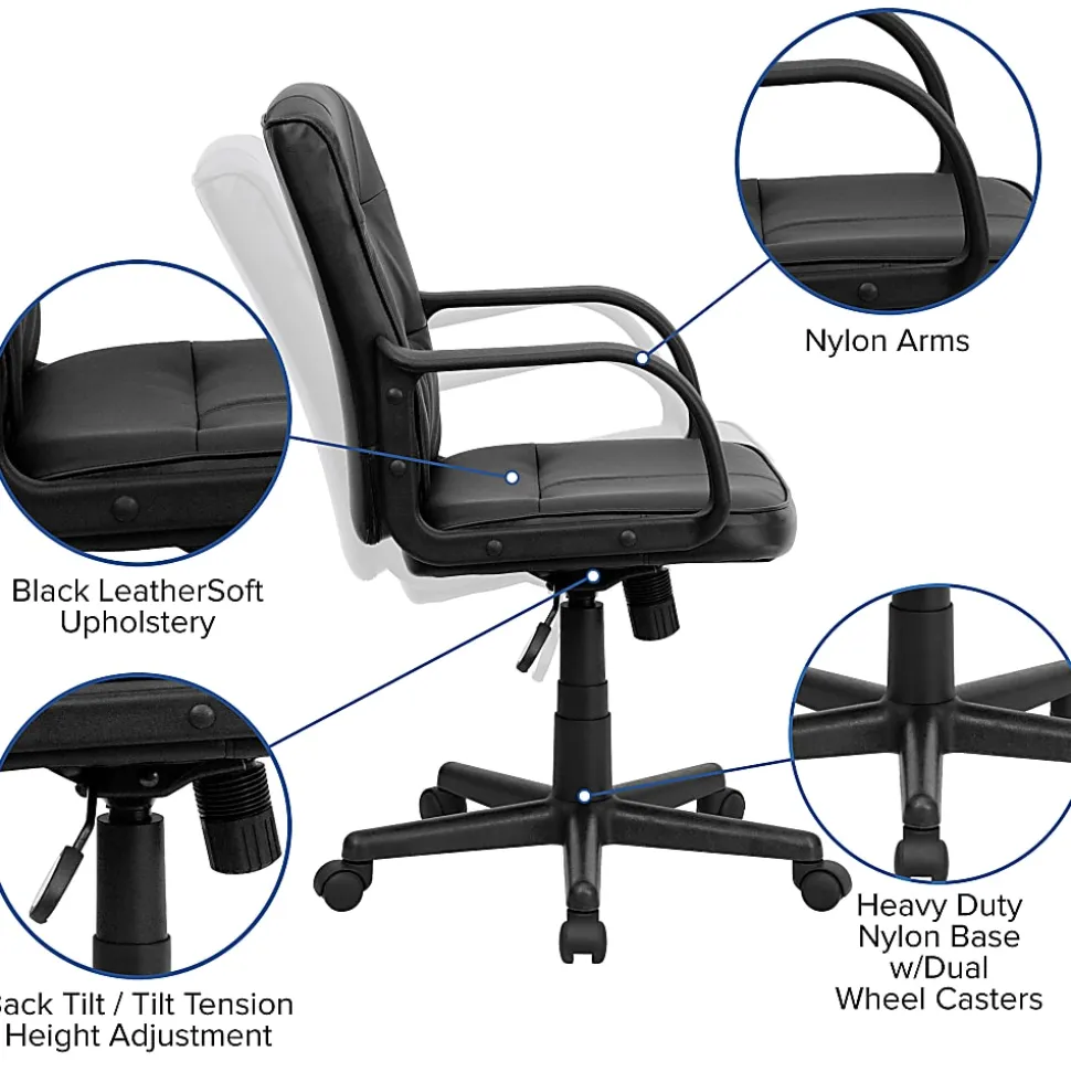 Flash Furniture LeatherSoft™ Faux Leather Mid-Back Swivel Task Chair With Arms, Black