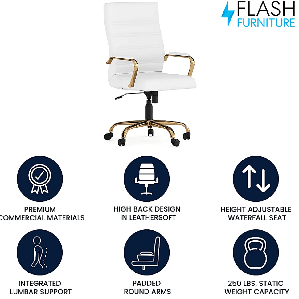 Flash Furniture LeatherSoft™ Faux Leather High-Back Office Chair, White/Gold
