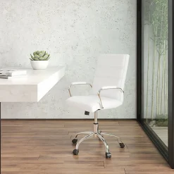 Flash Furniture LeatherSoft™ Faux Leather Mid-Back Office Chair With Chrome Base And Arms, White/Gray