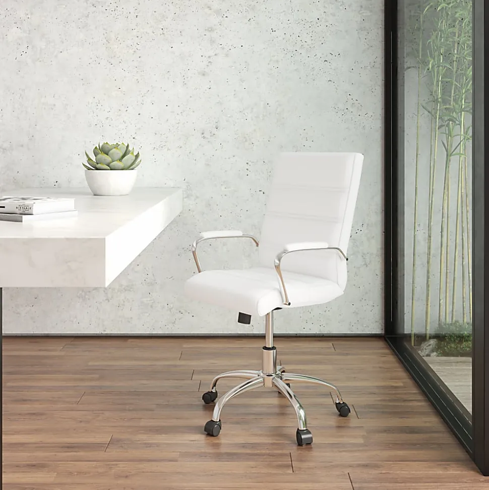 Flash Furniture LeatherSoft™ Faux Leather Mid-Back Office Chair With Chrome Base And Arms, White/Gray