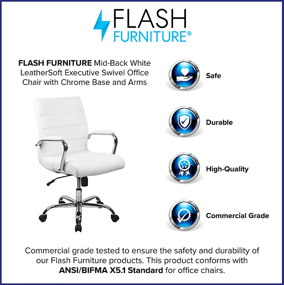 Flash Furniture LeatherSoft™ Faux Leather Mid-Back Office Chair With Chrome Base And Arms, White/Gray