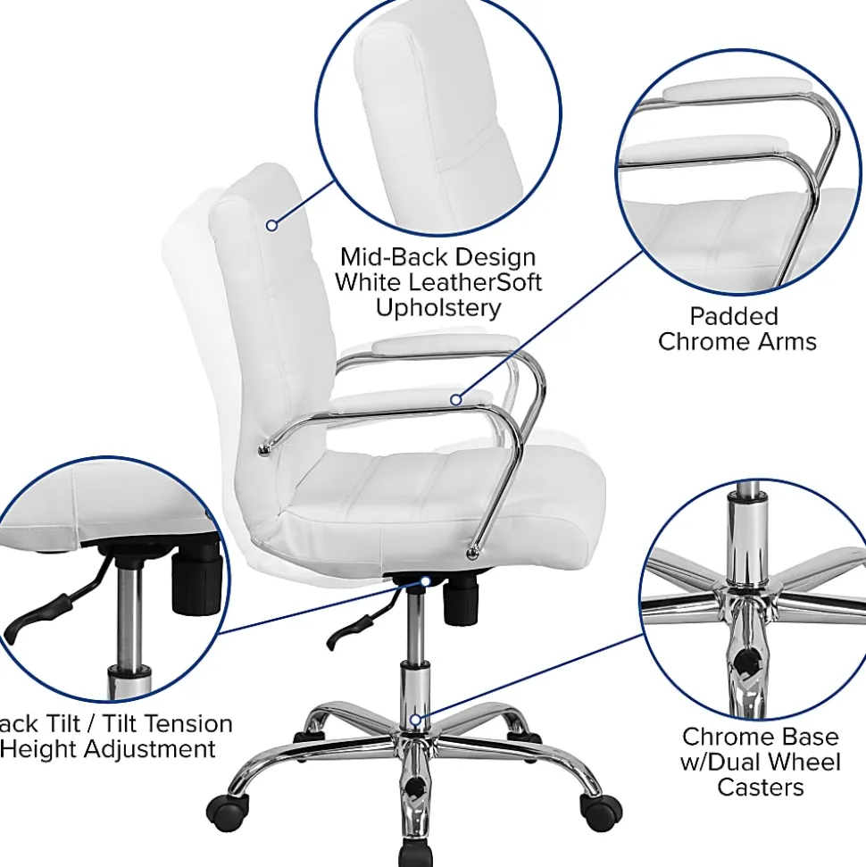 Flash Furniture LeatherSoft™ Faux Leather Mid-Back Office Chair With Chrome Base And Arms, White/Gray