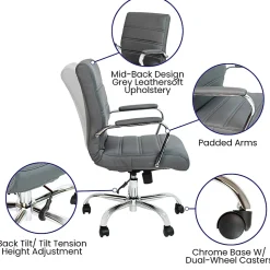 Flash Furniture LeatherSoft™ Faux Leather Mid-Back Office Chair, Gray/Chrome