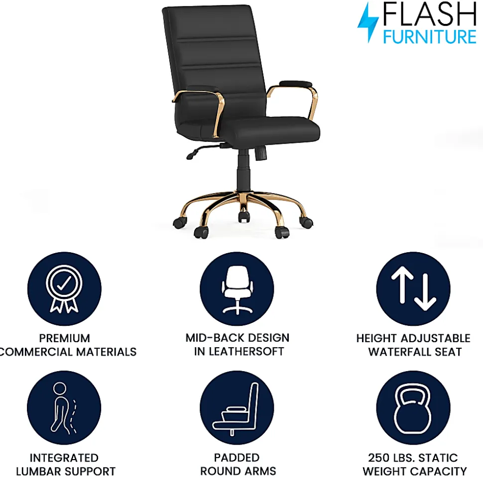 Flash Furniture LeatherSoft™ Faux Leather Mid-Back Office Chair With Chrome Base And Arms, Black/Gold