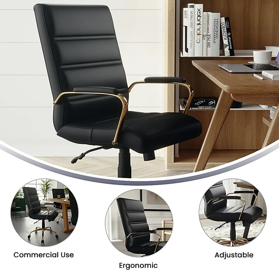 Flash Furniture LeatherSoft™ Faux Leather Mid-Back Office Chair With Chrome Base And Arms, Black/Gold
