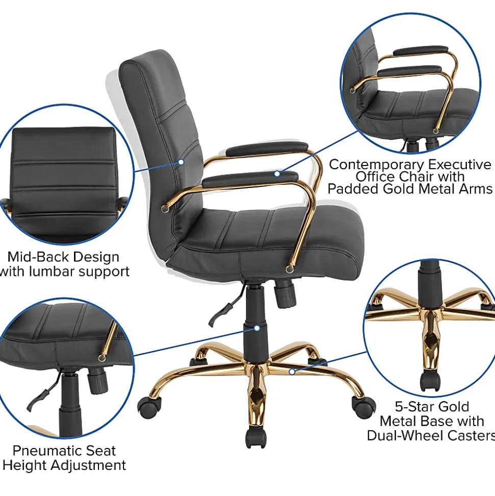 Flash Furniture LeatherSoft™ Faux Leather Mid-Back Office Chair With Chrome Base And Arms, Black/Gold