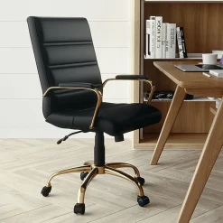 Flash Furniture LeatherSoft™ Faux Leather Mid-Back Office Chair With Chrome Base And Arms, Black/Gold