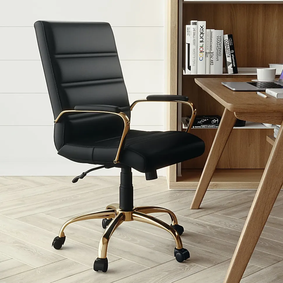 Flash Furniture LeatherSoft™ Faux Leather Mid-Back Office Chair With Chrome Base And Arms, Black/Gold