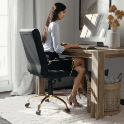 Flash Furniture LeatherSoft™ Faux Leather Mid-Back Office Chair With Chrome Base And Arms, Black/Gold