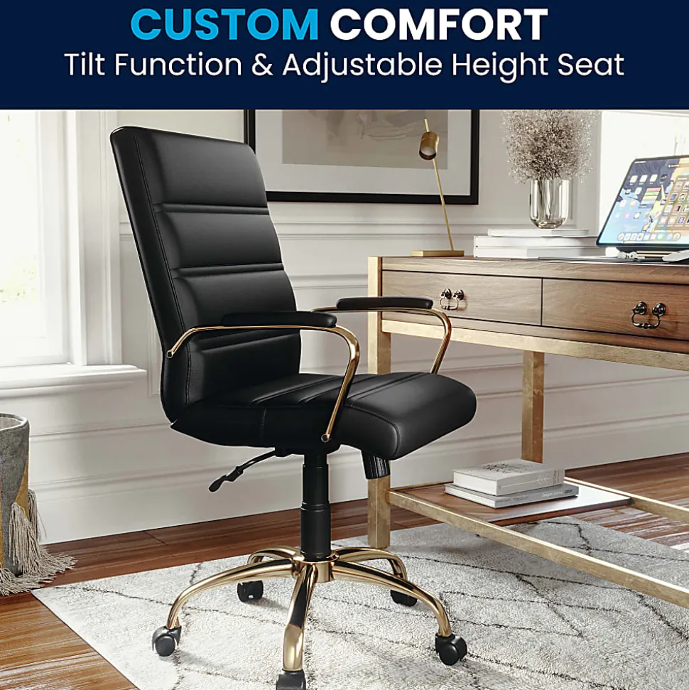 Flash Furniture LeatherSoft™ Faux Leather Mid-Back Office Chair With Chrome Base And Arms, Black/Gold
