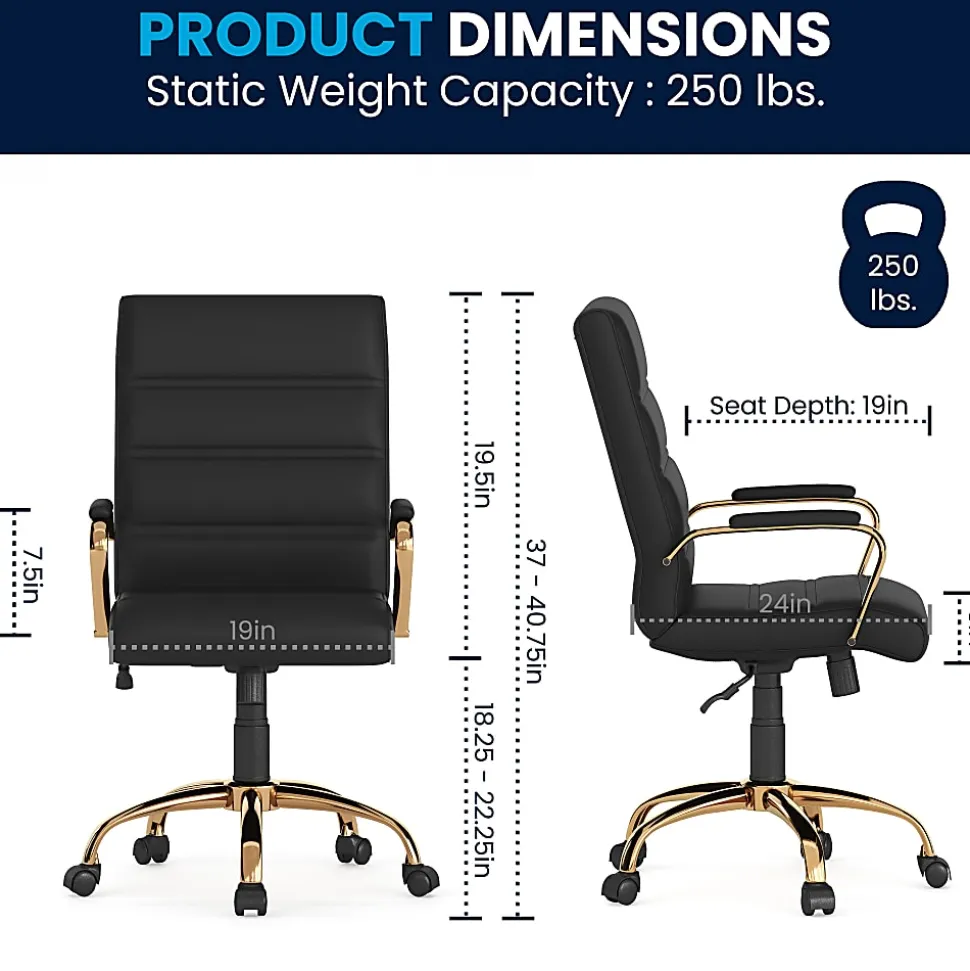 Flash Furniture LeatherSoft™ Faux Leather Mid-Back Office Chair With Chrome Base And Arms, Black/Gold