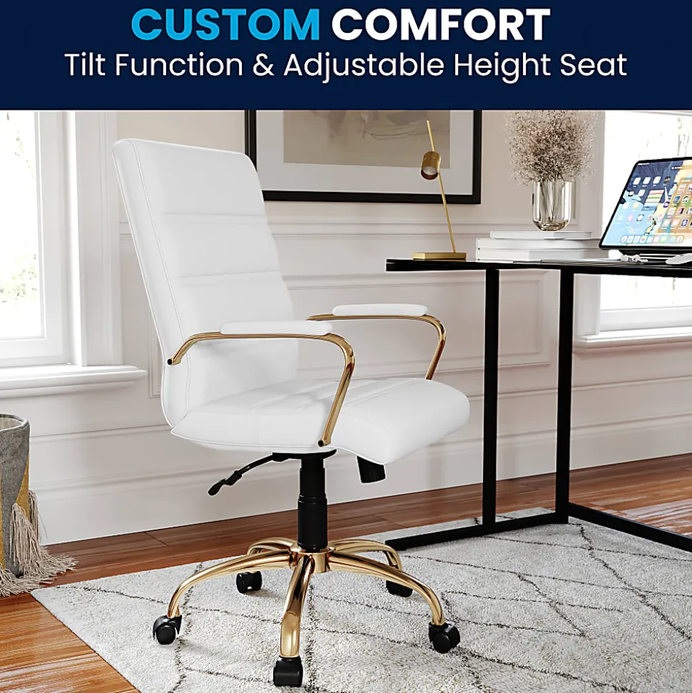 Flash Furniture LeatherSoft™ Faux Leather Mid-Back Office Chair With Chrome Base And Arms, White/Gold