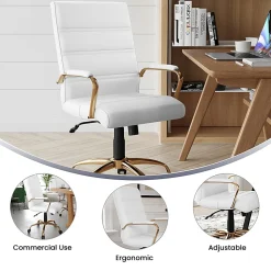 Flash Furniture LeatherSoft™ Faux Leather Mid-Back Office Chair With Chrome Base And Arms, White/Gold