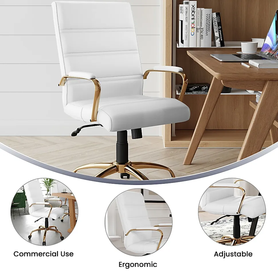 Flash Furniture LeatherSoft™ Faux Leather Mid-Back Office Chair With Chrome Base And Arms, White/Gold