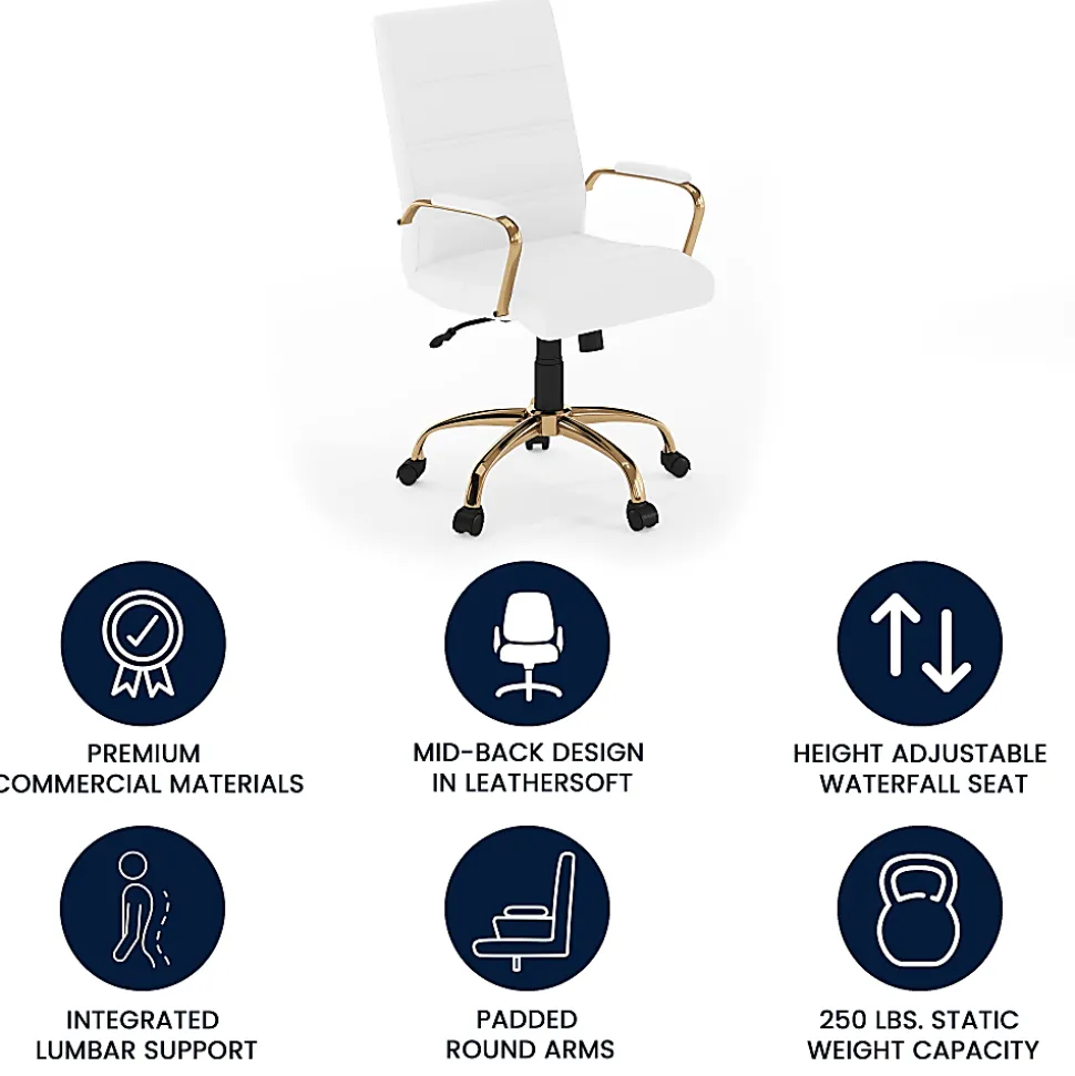 Flash Furniture LeatherSoft™ Faux Leather Mid-Back Office Chair With Chrome Base And Arms, White/Gold