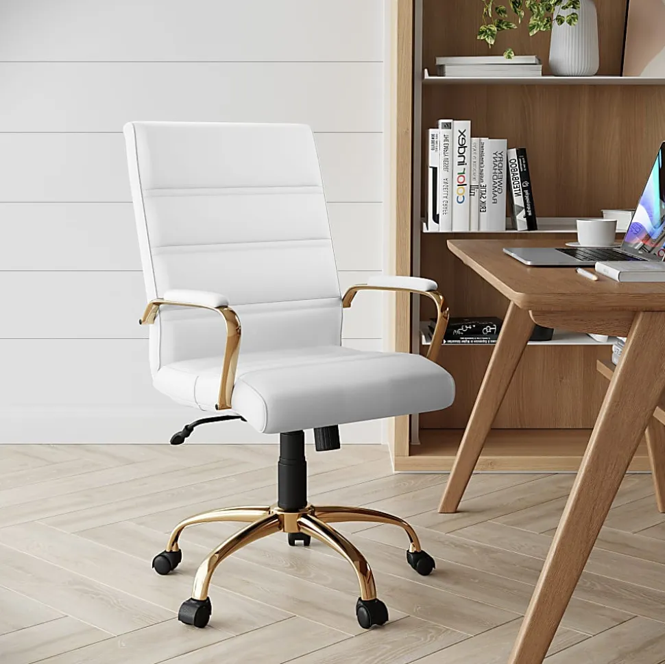 Flash Furniture LeatherSoft™ Faux Leather Mid-Back Office Chair With Chrome Base And Arms, White/Gold