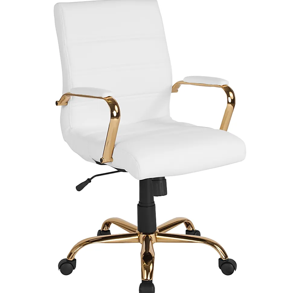 Flash Furniture LeatherSoft™ Faux Leather Mid-Back Office Chair With Chrome Base And Arms, White/Gold