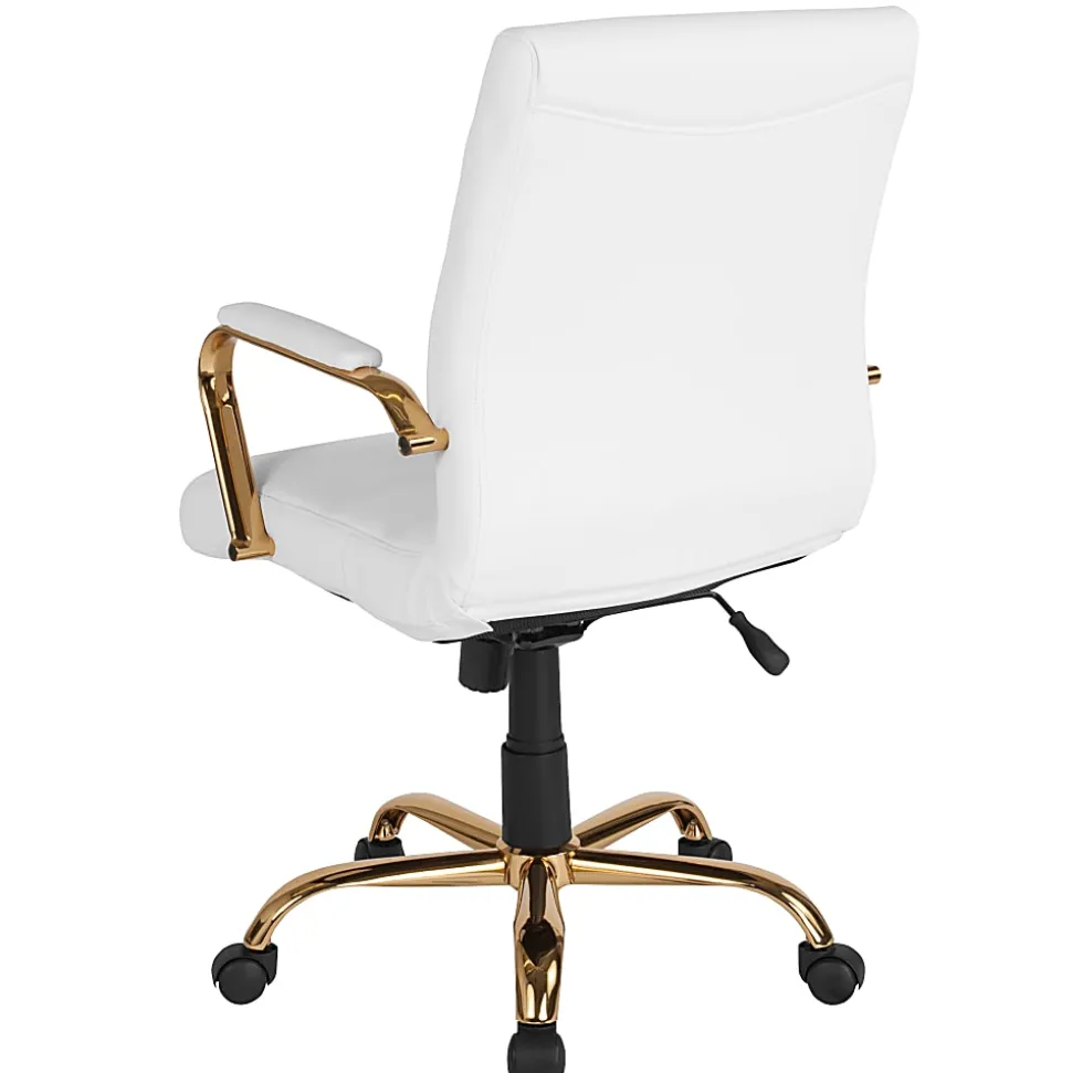Flash Furniture LeatherSoft™ Faux Leather Mid-Back Office Chair With Chrome Base And Arms, White/Gold
