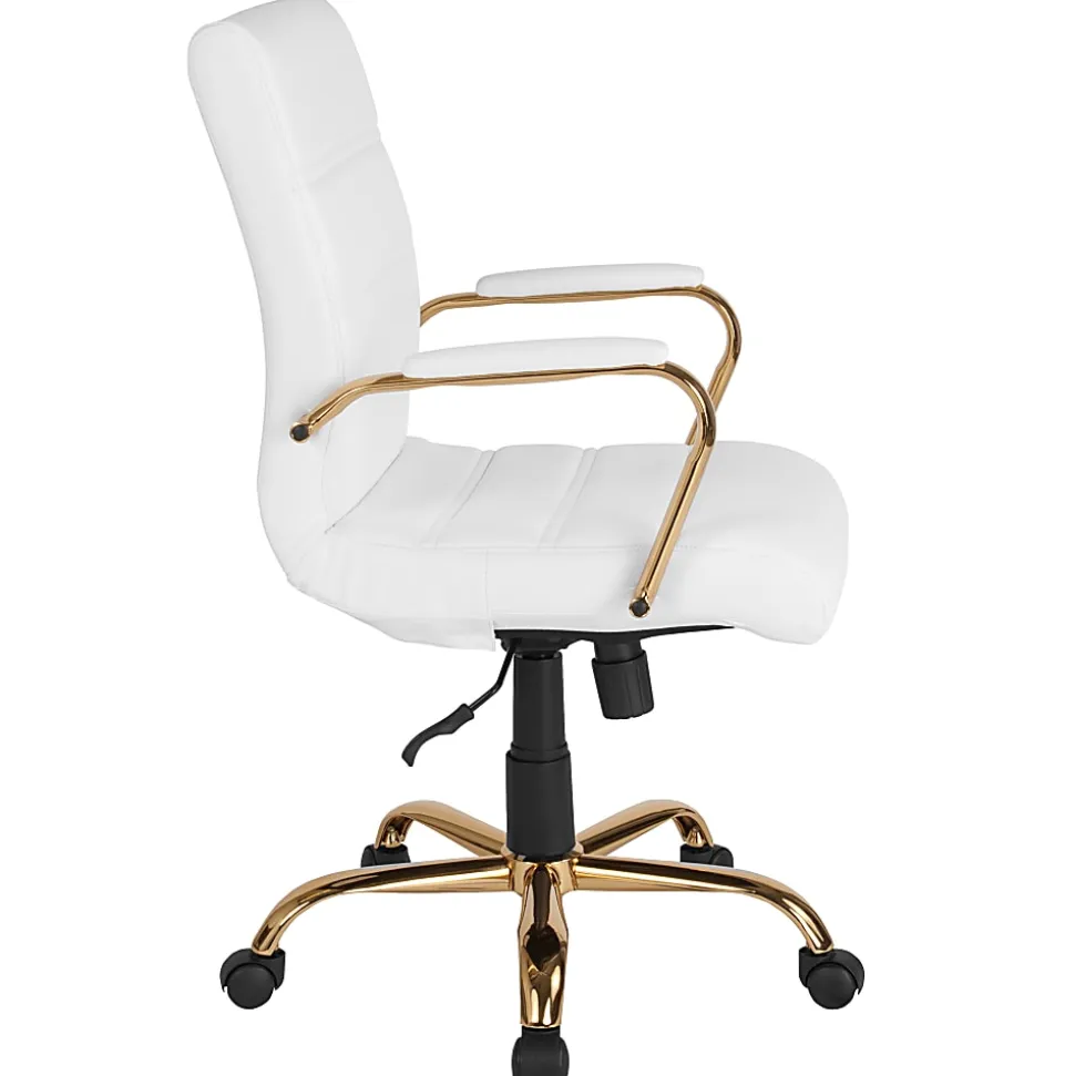 Flash Furniture LeatherSoft™ Faux Leather Mid-Back Office Chair With Chrome Base And Arms, White/Gold