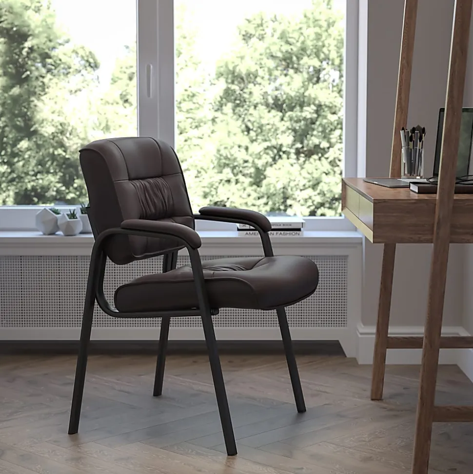 Flash Furniture LeatherSoft Executive Side Reception Chair with Powder Coated Frame, Brown/Black