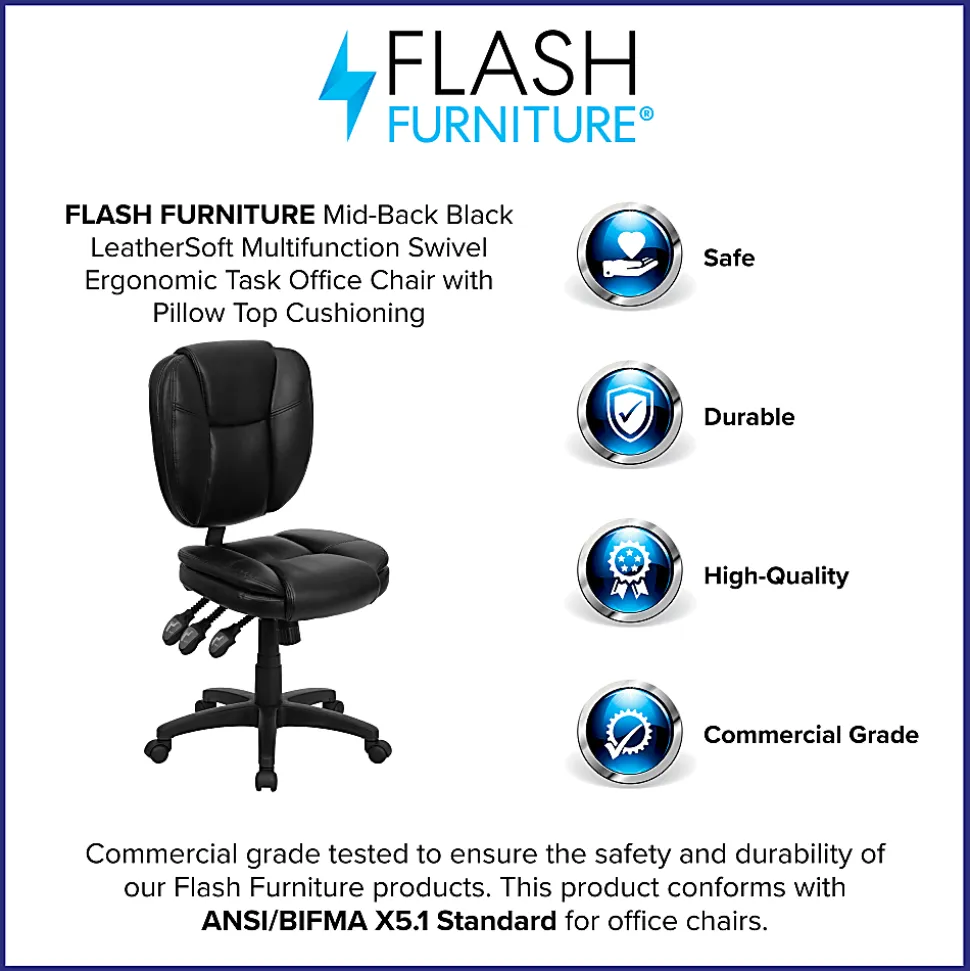 Flash Furniture LeatherSoft™ Faux Leather Mid-Back Multifunction Ergonomic Swivel Task Chair, Black