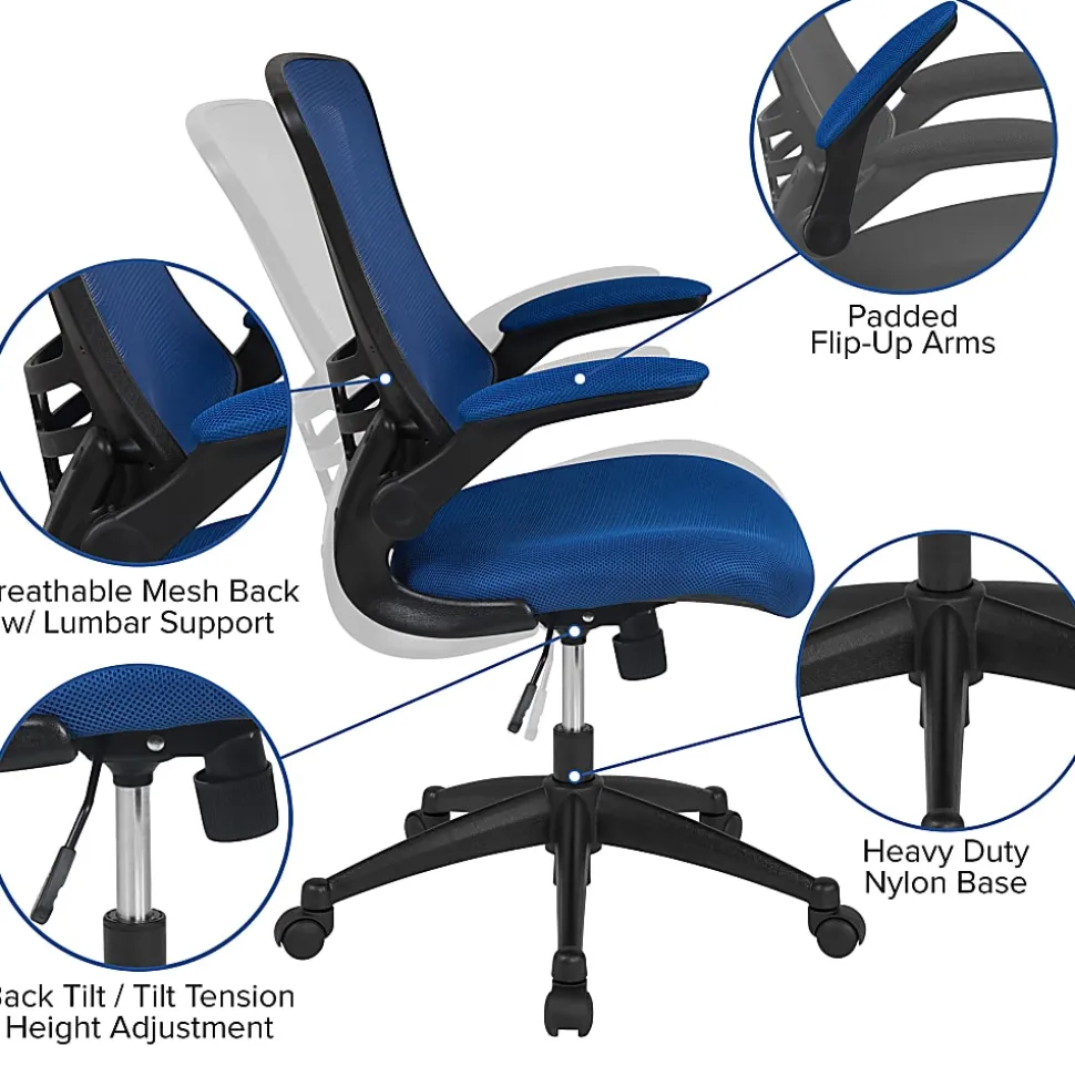 Flash Furniture Mesh Mid-Back Swivel Task Chair With Flip-Up Arms, Blue/Black