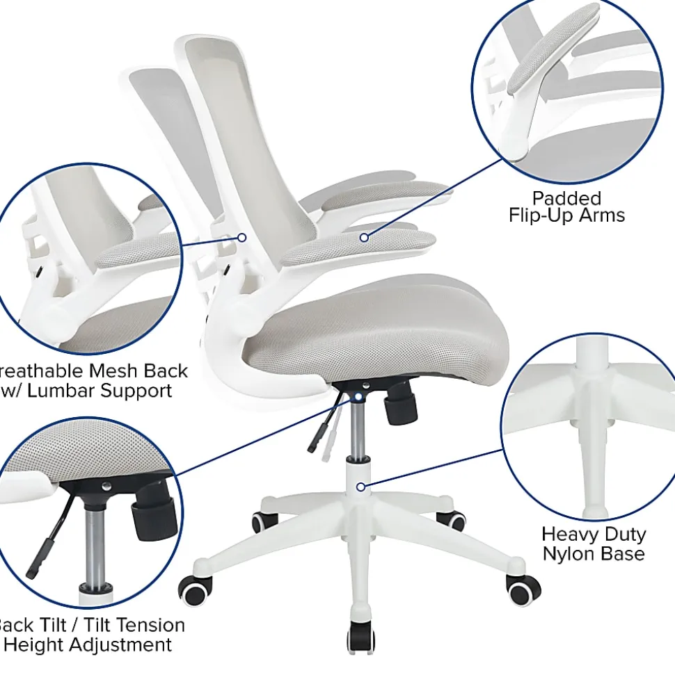 Flash Furniture Mesh Mid-Back Swivel Task Chair With Flip-Up Arms, Light Gray/White