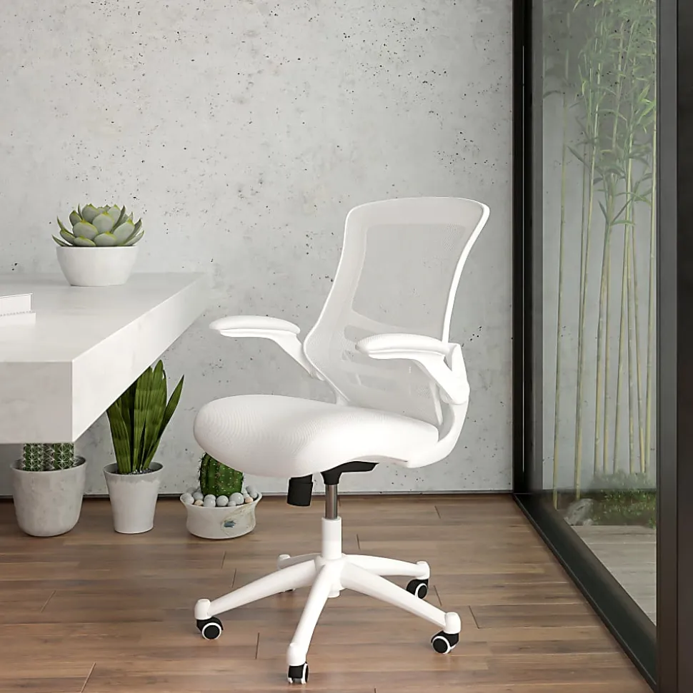 Flash Furniture Mesh Mid-Back Swivel Task Chair With Flip-Up Arms, White