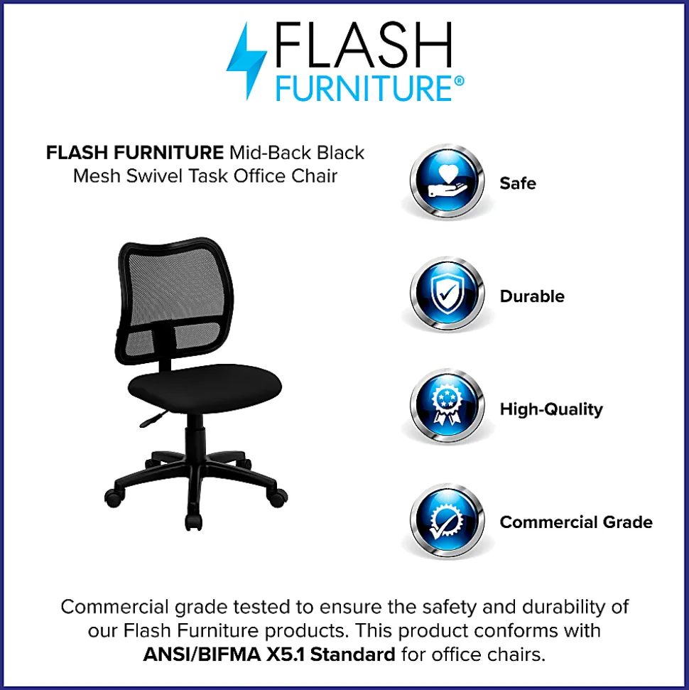 Flash Furniture Mesh Mid-Back Swivel Task Chair With Padded Fabric Seat, Black