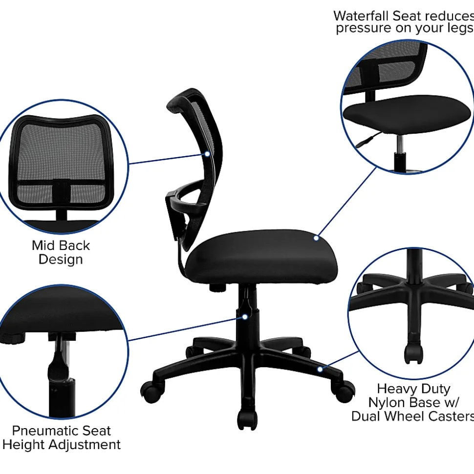 Flash Furniture Mesh Mid-Back Swivel Task Chair With Padded Fabric Seat, Black