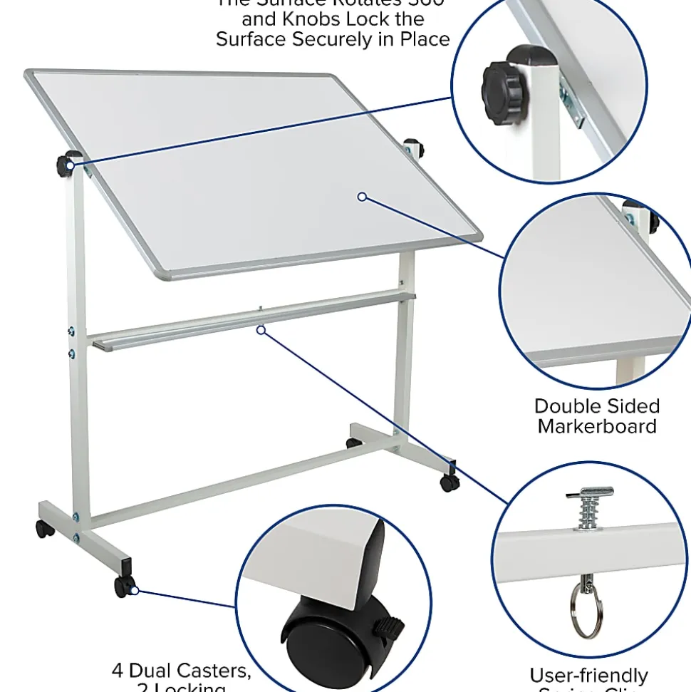 Flash Furniture Mobile Reversible Magnetic Dry-Erase Whiteboard, 62 1/2" x 53", Aluminum Frame With Silver Finish
