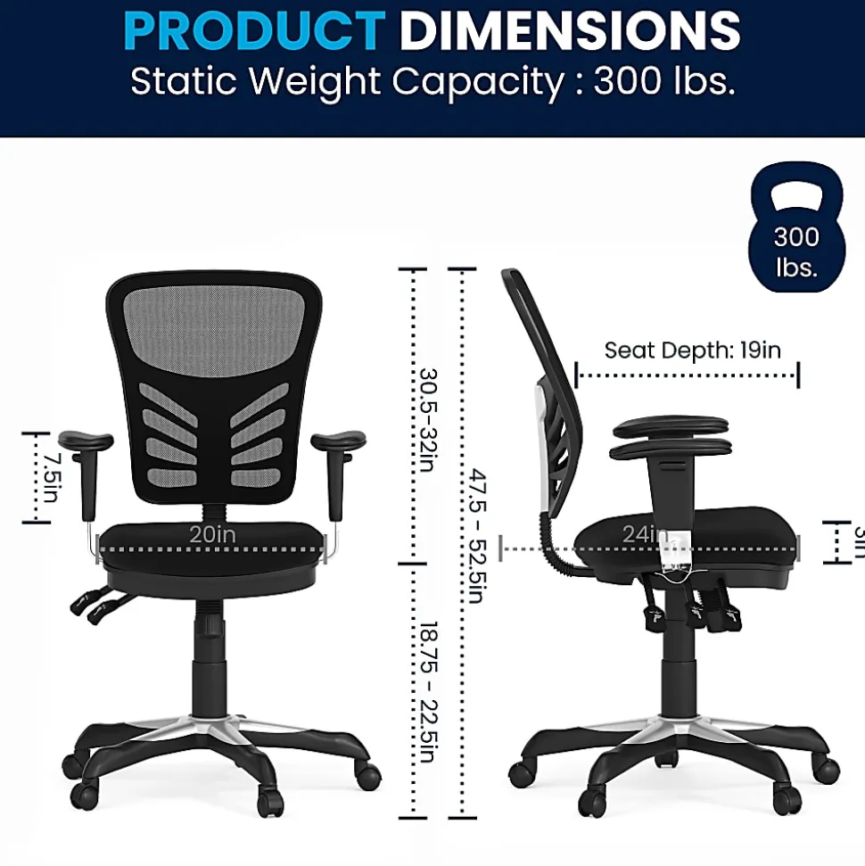 Flash Furniture Nicholas Mid-Back Black Mesh Multifunction Executive Swivel Ergonomic Office Chair with Adjustable Arms, Black