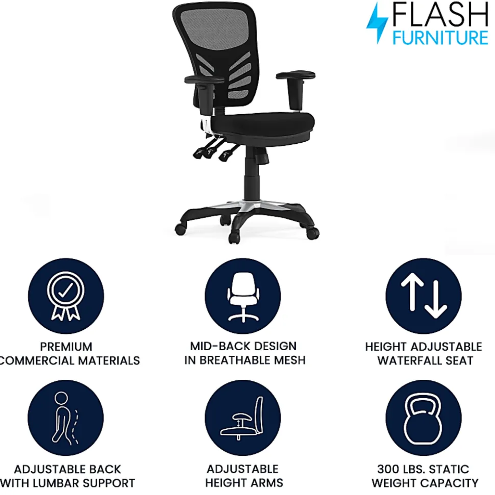 Flash Furniture Nicholas Mid-Back Black Mesh Multifunction Executive Swivel Ergonomic Office Chair with Adjustable Arms, Black