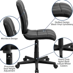 Flash Furniture Quilted Vinyl Mid-Back Swivel Task Chair, Armless,  Black