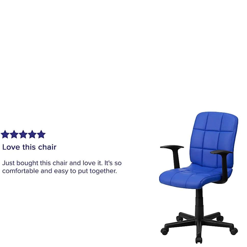 Flash Furniture Quilted Vinyl Mid-Back Swivel Task Chair, With T-Arms, Blue/Black