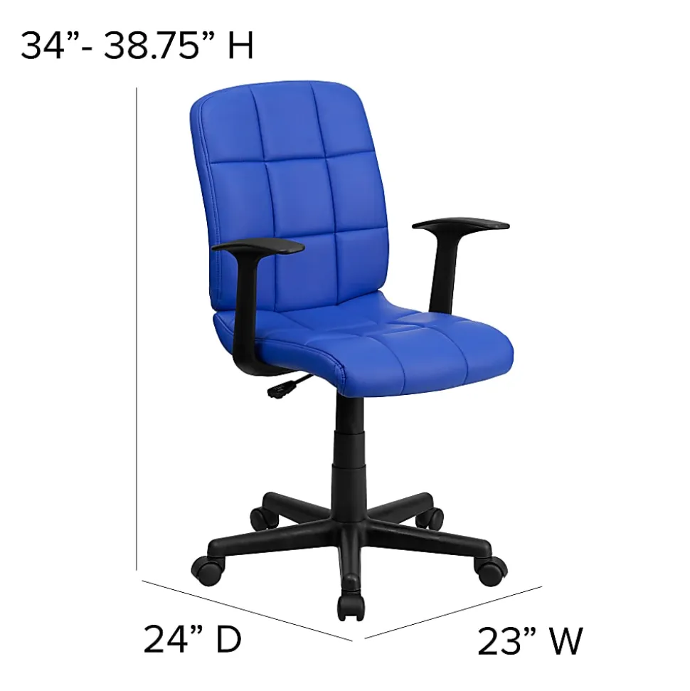 Flash Furniture Quilted Vinyl Mid-Back Swivel Task Chair, With T-Arms, Blue/Black