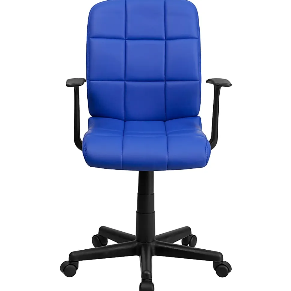 Flash Furniture Quilted Vinyl Mid-Back Swivel Task Chair, With T-Arms, Blue/Black