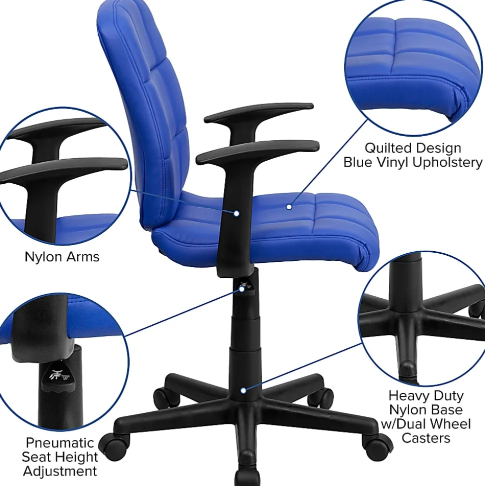 Flash Furniture Quilted Vinyl Mid-Back Swivel Task Chair, With T-Arms, Blue/Black