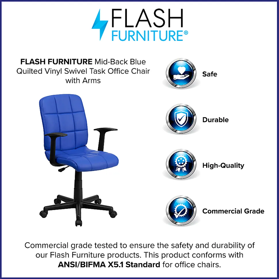 Flash Furniture Quilted Vinyl Mid-Back Swivel Task Chair, With T-Arms, Blue/Black