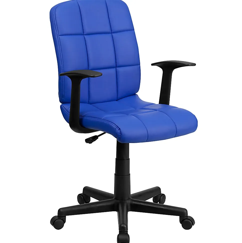 Flash Furniture Quilted Vinyl Mid-Back Swivel Task Chair, With T-Arms, Blue/Black