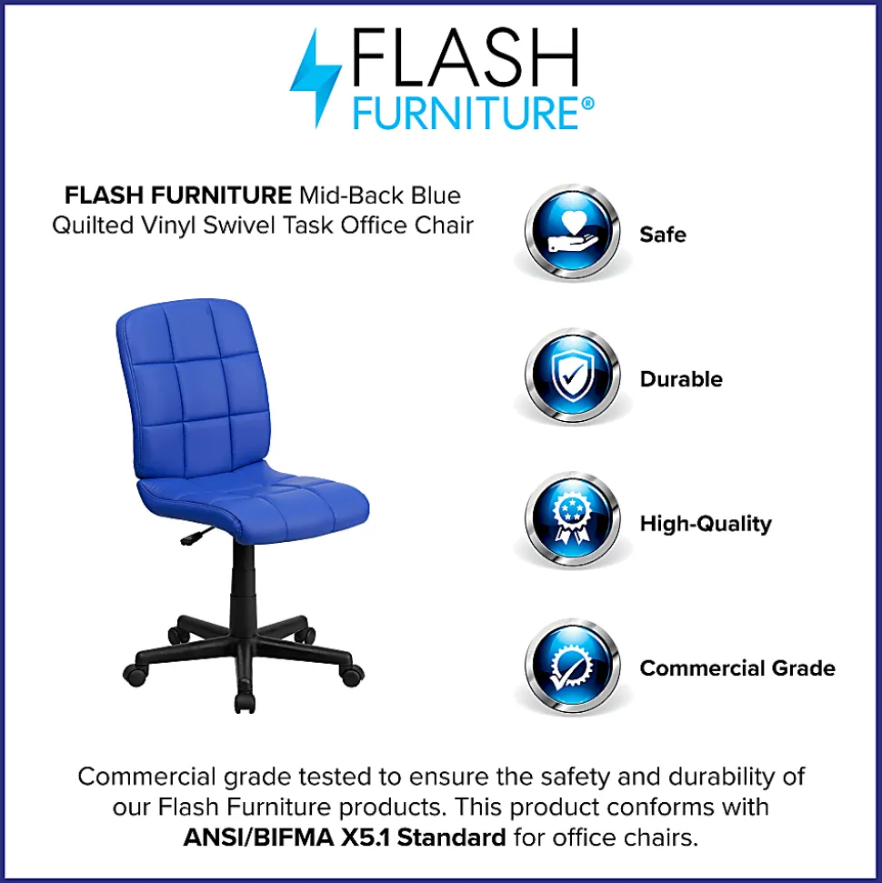 Flash Furniture Quilted Vinyl Mid-Back Swivel Task Chair, Armeless, Blue/Black