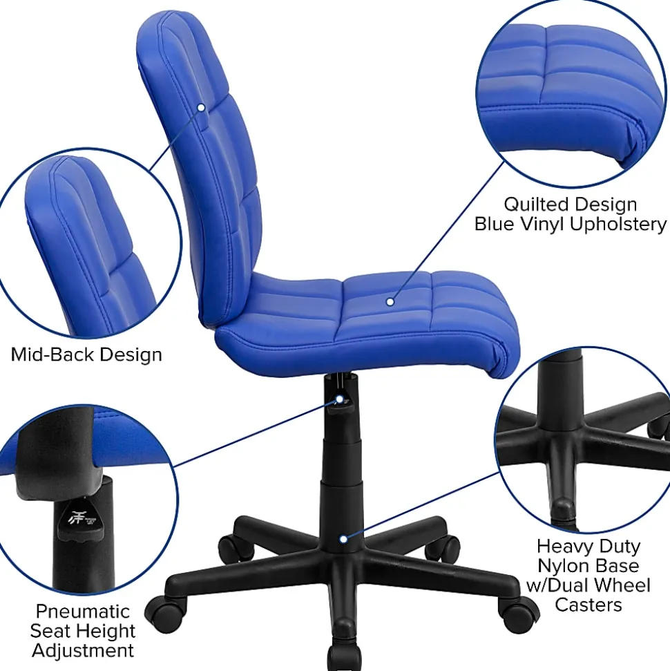 Flash Furniture Quilted Vinyl Mid-Back Swivel Task Chair, Armeless, Blue/Black