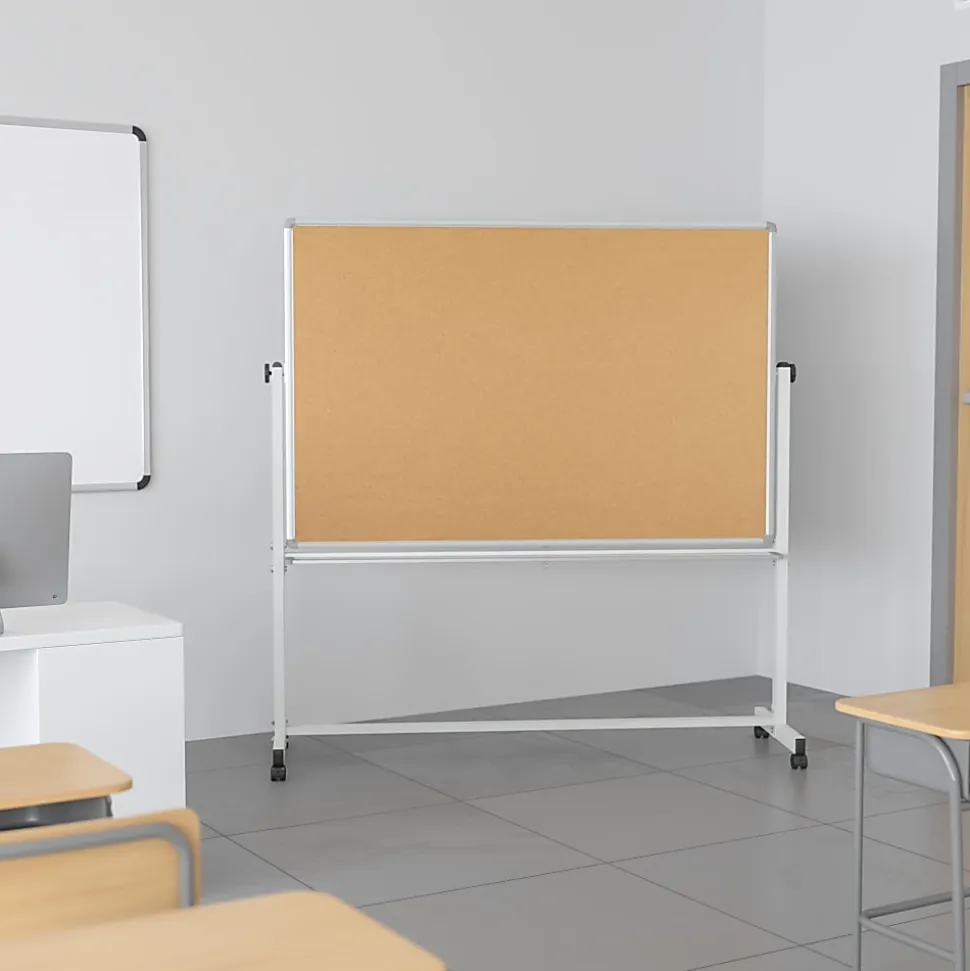 Flash Furniture Reversible Cork Bulletin/Magnetic Dry-Erase Whiteboard, 64 3/4" x 64 1/4", Silver Aluminum Frame