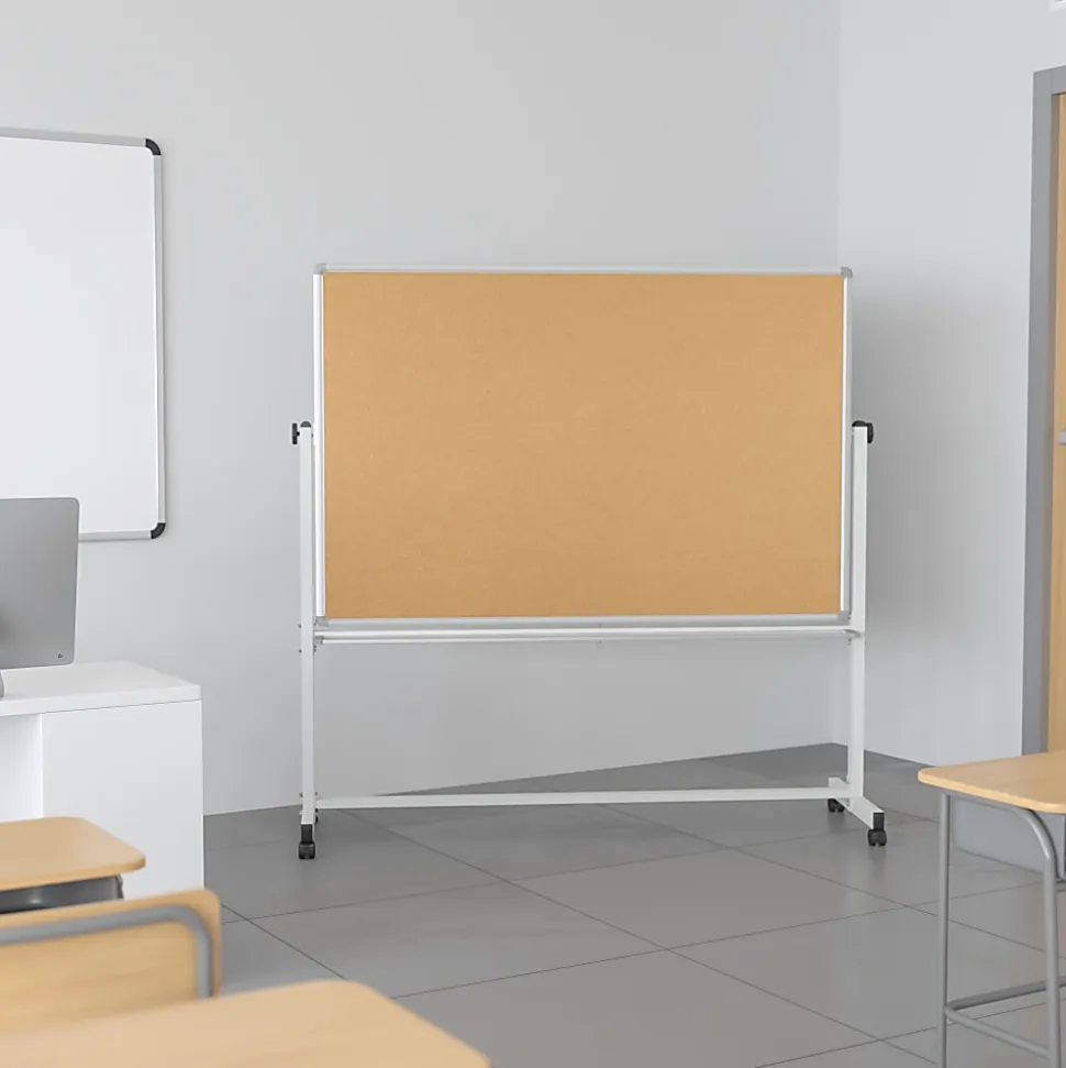 Flash Furniture Reversible Cork Bulletin/Magnetic Dry-Erase Whiteboard, 62 1/2" x 62 1/4", Silver Aluminum Frame