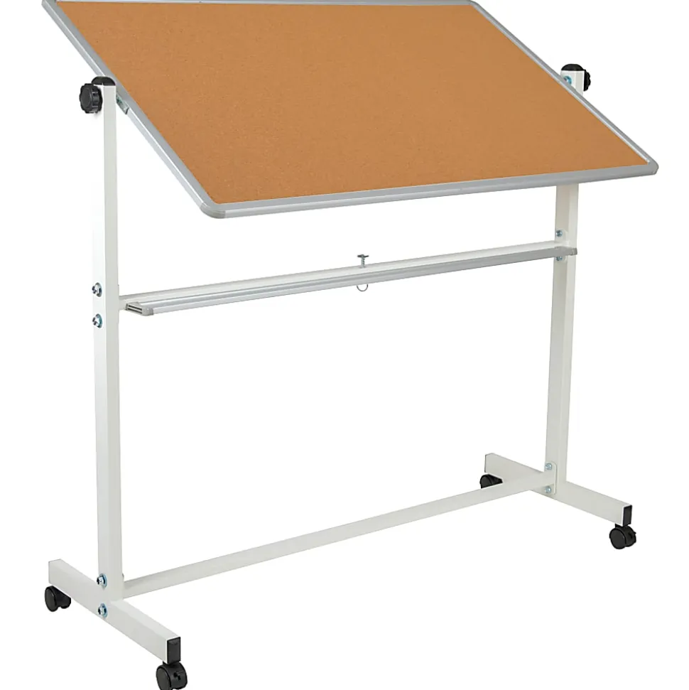 Flash Furniture Reversible Mobile Cork Board/Non-Magnetic Dry-Erase Whiteboard With Pen Tray, 59" x 53", Aluminum Frame With Silver Finish