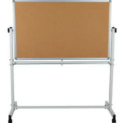 Flash Furniture Reversible Mobile Cork Board/Non-Magnetic Dry-Erase Whiteboard With Pen Tray, 59" x 53", Aluminum Frame With Silver Finish